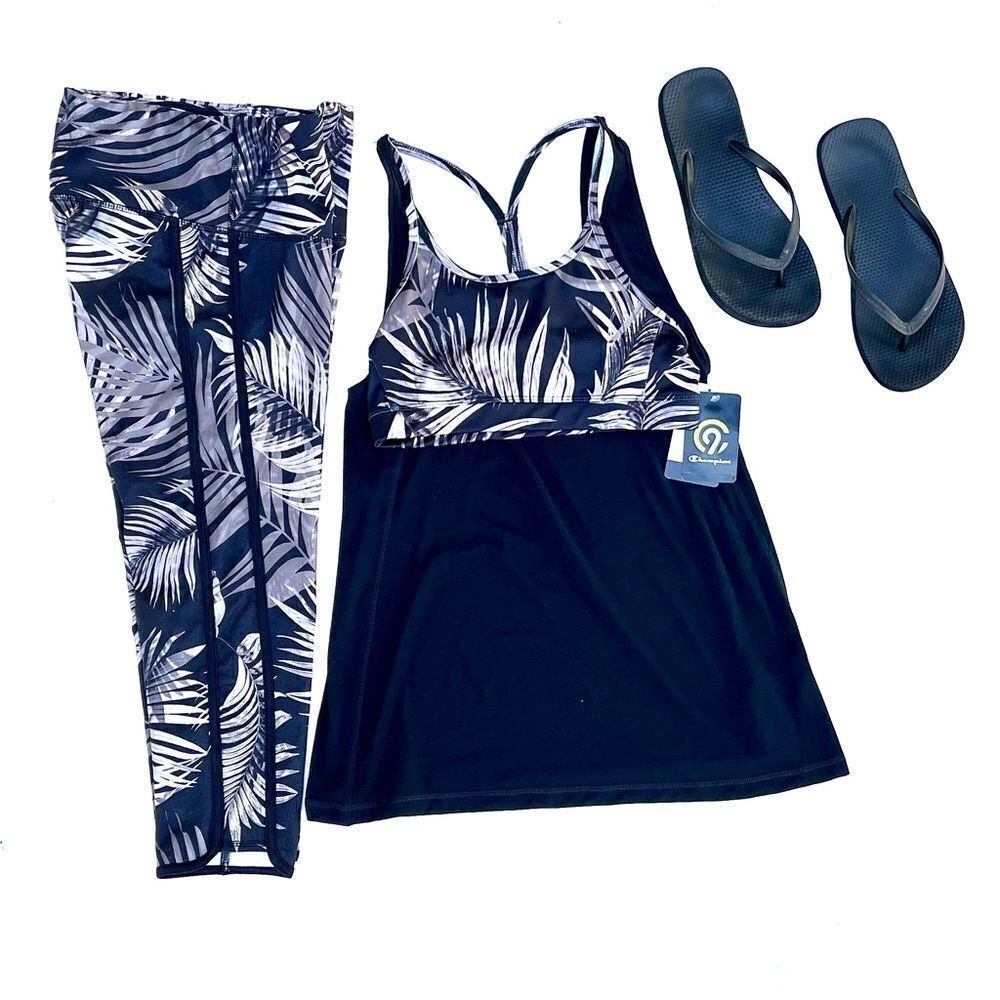 Champion New 3-Piece Sports Bra Top & 3/4 Palm Leaf Capri Leggings Set S